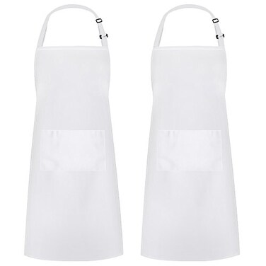 Syntus 2 Pack Adjustable Bib Apron Thicker Version Waterdrop Resistant with 2 Pockets Cooking Kitchen Aprons for Women Men Chef, White