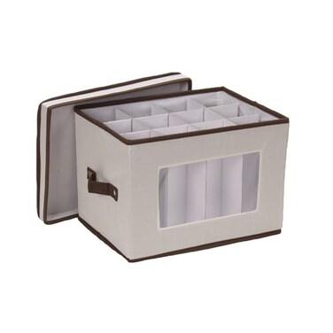 Household Essentials Champagne Flute Storage Box, 12 Sturdy Compartments, Windowed Front Panel, 2 Riveted Handles, Foldable and Stackable Storage Box