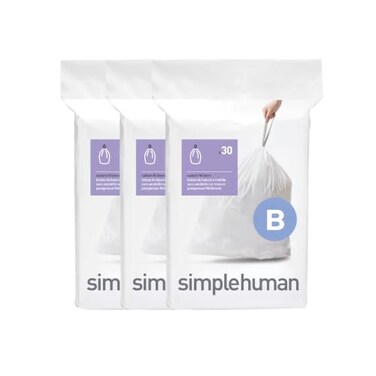 simplehuman Code B 90 Count Custom Fit Liners, Drawstring Kitchen Trash Bags, One-by-One Mess-Free Dispense, Extra ThickDouble Seamed, 50% PCR Plastic, 6 Liter / 1.6 Gallon, White