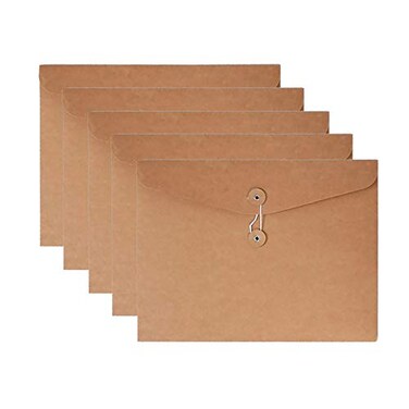 VANRA Kraft String Envelope File Folder Project Pockets File Jacket Document Organizer Flat-No Expansion A4 Letter Size ,Kraft Brown, Pack of 5