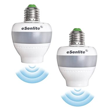 eSenlite eLEDing Motion Sensor Retrofit Light Socket Adapter“ Radar Motion Screw Base for LED CFL Incandescent Bulbs, Smart Dusk-to-Dawn Dimmable Control, 360° Detection, 2-Pack ,Bulb Not Included
