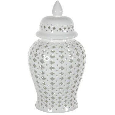 Red Lantern 16" Carved Lattice Decorative Temple Jar, White