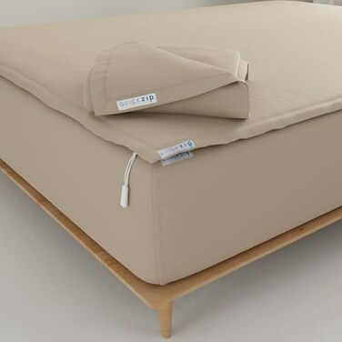 QuickZip Fitted Plus Spare Bundle: 1 Fitted Sheet ,BaseZip Sheet1 Zip Sheet - Easy to Change, Wont Pop Off - Soft Sateen 400 TC 100% Cotton - 17.5 Deep Pockets King Size Sheets“ Sand