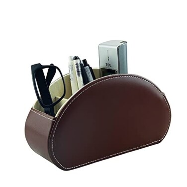 Fosinz Remote Control Holder Organizer Table Desk Leather Control Storage TV Remote Control Organizer with 5 Spacious Compartments ,Dark Brown with Beige Lining