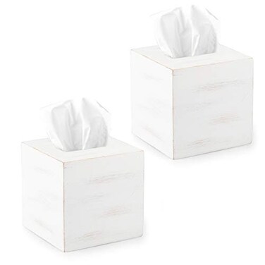Ilyapa Rustic Wood Tissue Box Cover, Square - White, 2 Pack, Farmhouse