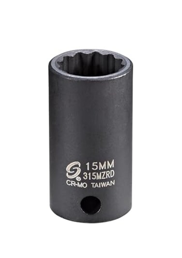 SUNEX Tools 3/8 in. Drive 15mm 12-Point Semi-Deep Impact Socket, CR-MO Steel, Model 315MZRD