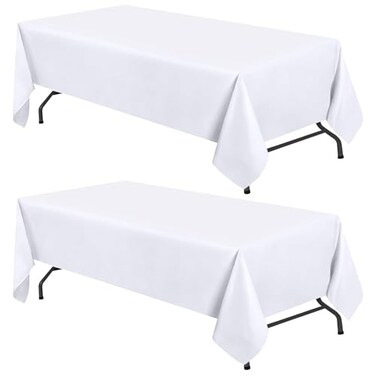 White Classic WEALUXE White Table Cloths for 8 Foot Rectangle Tables, 2-Pack, 60x126 inches, Water, Stain and Wrinkle Resistant, 200 GSM Washable Poly Fabric Tablecloths Rectangular, Elegant and Durab
