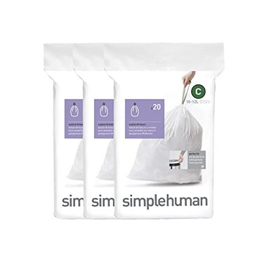 simplehuman Code C 60 Count Custom Fit Liners, Drawstring Kitchen Trash Bags, One-by-One Mess-Free Dispense, Extra ThickDouble Seamed, 50% PCR Plastic, 10-12 Liter / 2.6-3.2 Gallon, White