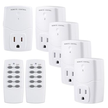 BN-LINK Mini Wireless Remote Control Outlet Switch Power Plug in for Household Appliances, Wireless Remote Light Switch, LED Light Bulbs, White ,2 Remotes5 Outlets1250W/10A