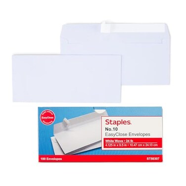 Staples10 EasyClose Envelopes, White, Self-Seal, 100/Box