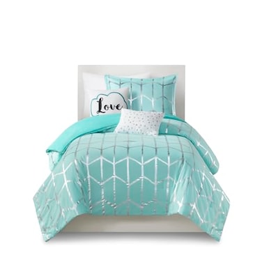 Intelligent Design Aqua/Silver Metallic Print Twin XL Comforter Set, 4pc
