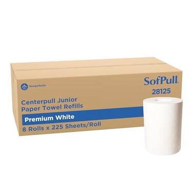 Georgia-Pacific SofPull Junior Centerpull Premium Paper Towels, Commercial Bulk Dispenser Refills, 225 Sheets Per Roll, 8 Rolls Per Case, White, 28125