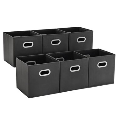 MAX Houser 6 Pack Foldable Fabric Storage Bins with Handles, Black