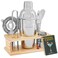 Modern Mixology Cocktail Shaker Set - Bartender Kit with Pine StandLeak-Proof DesignIncludes Martini Shaker, Jigger, Strainer, Spoon, TongsPerfect Bar Tools Gift for Home Mixology ,Silver