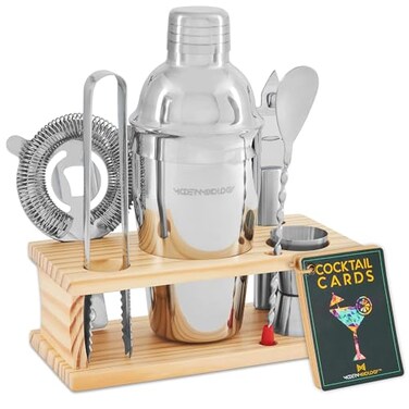 Modern Mixology Cocktail Shaker Set - Bartender Kit with Pine StandLeak-Proof DesignIncludes Martini Shaker, Jigger, Strainer, Spoon, TongsPerfect Bar Tools Gift for Home Mixology ,Silver