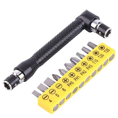 Walfront 1/4 Inch L-Shape Hex Socket Wrench Double Head Hand Tool Set with 10Pcs Various Angled Screwdriver Bits