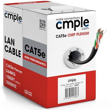 Cmple - Cat5e Plenum Cable 1000ft, CMP, Black, 350MHz Gigabit Ethernet Solid Network Internet Bulk UTP