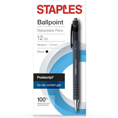 Staples Retractable Ballpoint Pens, Medium 1.0mm, Black Ink, 12-Pack