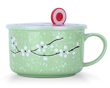 VanEnjoy 30oz Ceramic Bowl with LidHandle,Cherry Blossoms Among Snow Flake Pattern,Microwave for Instant Noodle Sara, Cereal Bowl