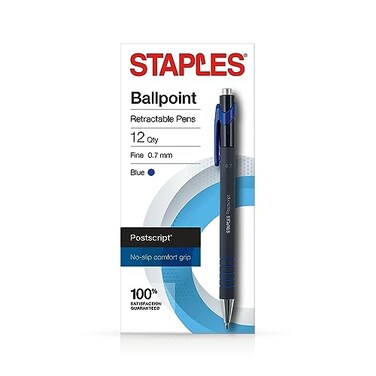 Staples Postscript Retractable Ballpoint Pens, Fine, Blue Ink, 12-Pk