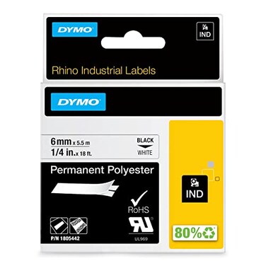 DYMO Rhino Industrial Permanent Polyester Labels, 1/4", Black Print on White Tape
