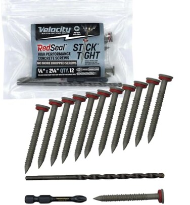 Phillips Velocity 2 1/4 Concrete Screws Kit with RedSeal Moisture Barrier ,Flat Head, Size 1/4“ Includes 12 High-Performance Concrete Screw PCS, 1 Drill Bit, and 1 Driver Bit