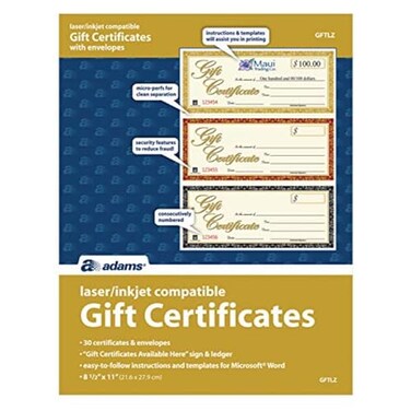 Adams Gift Certificates, Laser/Inkjet Compatible, 3-Up, 30 per Pack with Envelopes ,GFTLZ,White
