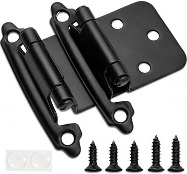 Decobasics 1/2" Overlay Matte Black Cabinet Hinges 50 Pack ,25 PairSelf Closing BathKitchen Cabinet Hinges Black Flush Mount w/Door BumpersUpgraded Screws