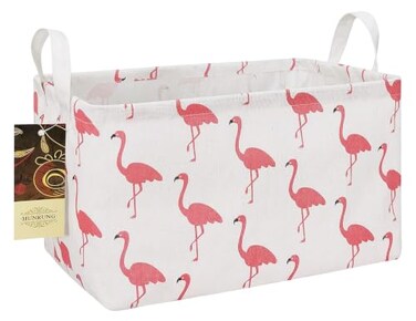 HUNRUNG Rectangle Foldable Storage Basket Handles For Home, Flamingo