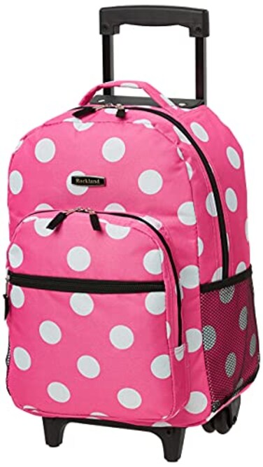Rockland Double Handle 17" Rolling Backpack, Pink Dot