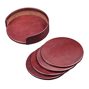 Dacasso Mocha Leather 4-Round Coaster Set