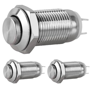 DIYhz Metal Waterproof Push Button Switch Self-Locking Lock Switch 10mm Small Power Button Switch Silver 220V 1A 3PCS