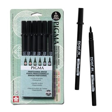 Sakura Pigma Professional Brush Pen PPBVariation, 6 Set, Black, 6 Pack
