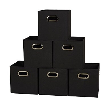 Household Essentials Foldable Fabric Storage Bins 6 Piece Set, Strong Poly-Woven Fabric, Sturdy Chipboard Sides, Grommet Front Handle, Stackable, Classic Design, Black