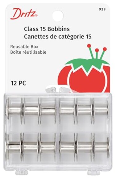 Dritz 939 Bobbins, Class 15, Metal, Includes Reusable Storage Box, ,12-Count
