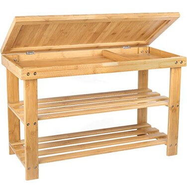 BAMBUROBA 3-Tier Bamboo Shoe Rack Bench, Entryway Bench with Storage Drawer, Natural