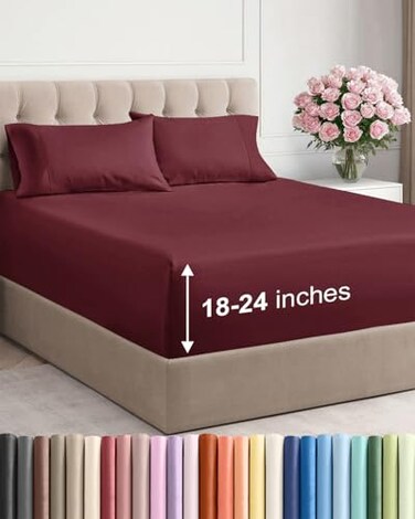 CGK Unlimited Extra Deep Twin Sheet Set - 4 Piece BreathableCooling Sheets - Burdy