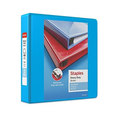 Staples Heavy-Duty 2-Inch D-Ring View Binder, Light Blue, 450 Sheets