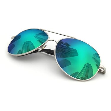 JS Military Style Polarized Aviators, Medium, Silver Frame/Green Mirror