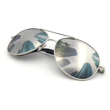 JS Military Style Polarized Aviators, Large, Silver Frame/Silver Mirror