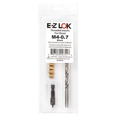 E-Z LOK 400-M4 Threaded Inserts for Wood, Installation Kit, Brass, Includes M4-0.7 Knife Thread Inserts ,10, Drill, Installation Tool
