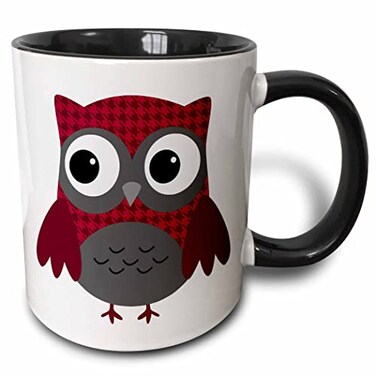 3dRose Cute Ruby Red Houndstooth Patterned Owl 11oz Two-Tone Black Mug