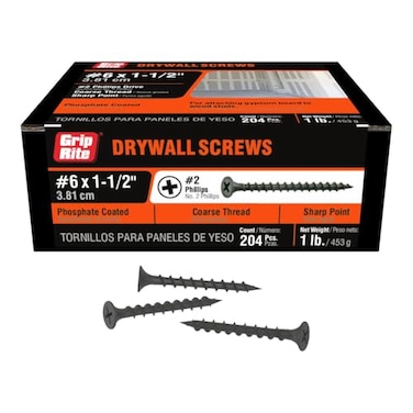 Grip-Rite Coarse Thread Drywall Screws -2 Phillips Bugle Head - Sharp Point - for Attaching Drywall to Wood Studs - Phosphate Coated - 1 Lb Box -6 X 1-1/2" Drywall Screws - 112CDWS1