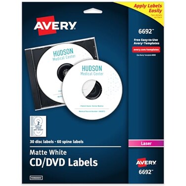 Avery Printable CD Labels, Matte White, Permanent Adhesive, Laser Printer Compatible, 30 Disc60 Spine Labels, Ideal for CDs, DVDs, PC Discs, Media ProjectsMore ,6692