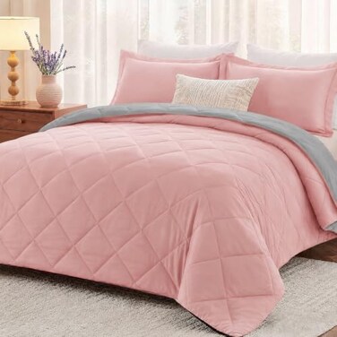 downluxe Comforter Set Reversible Bedding Sets, Peach Pink/Grey, Queen