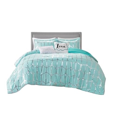 Intelligent Design Aqua/Silver Metallic Print Queen Comforter Set, 5pc