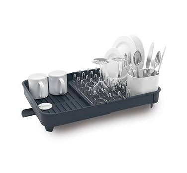 Joseph Joseph Extendable Dish Drying Rack with Expanding Dual Parts, Non-Scratch, Movable Silverware DrainerDrainage Spout, Grey
