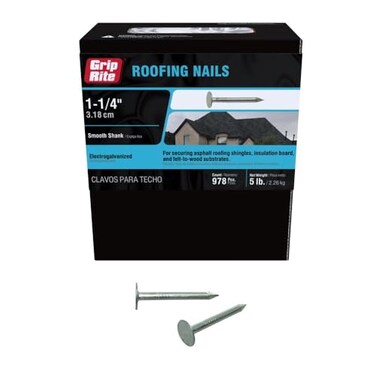 Grip-Rite Electro-Galvanized Roofing Nails - Secure Asphalt Shingles, Insulation Board, and Felt - 1-1/4" - 5 lb Pack - 114EGRFG5