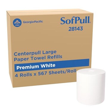 Georgia-Pacific SofPull Centerpull Large Premium Paper Towels, Commercial Bathroom Dispenser Rolls, 567 Sheets Per Roll, 4 Rolls Per Case, White, 28143