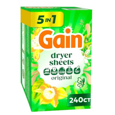 Gain, Laundry Dryer Sheets, Fabric Softener Wrinkle Reducing Anti Static Sheets, Original Scent, 240 Count ,Packaging May Vary